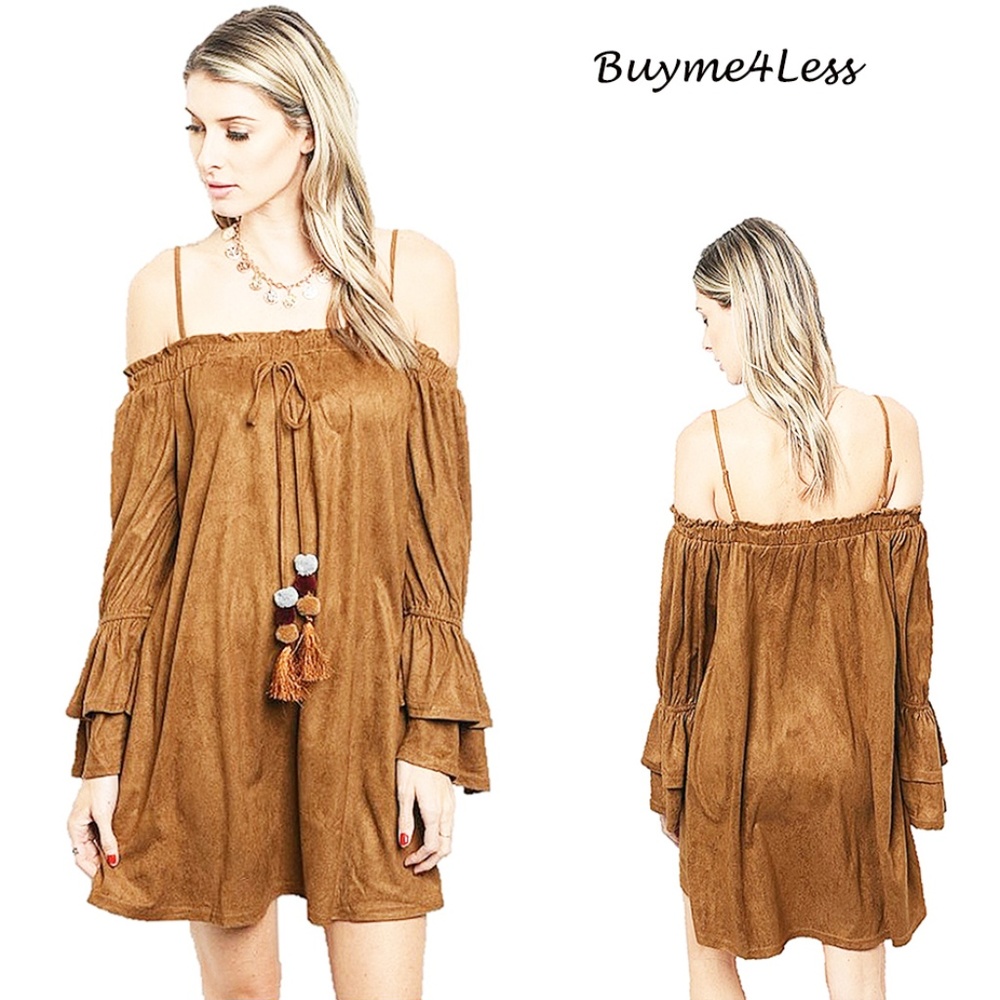 BOHO Hippie Faux Suede Off Shoulder Tunic Dress